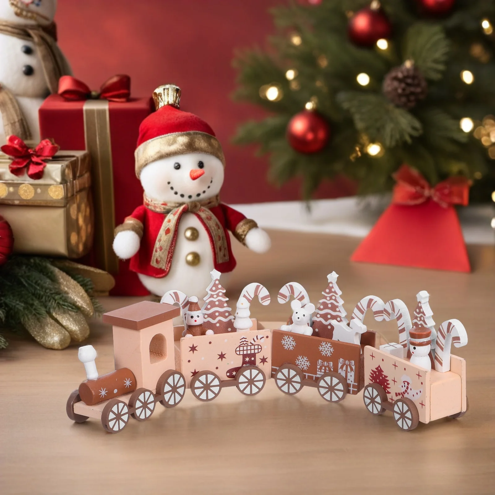 

1 Set Painted Wooden Christmas Mini Train Decor with Snowman Tree Holiday Ornament for Mantel Tabletop Fireplace Home
