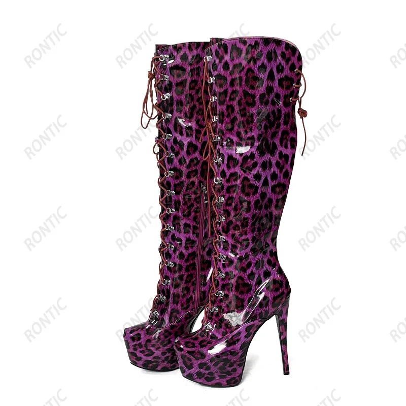 

Rontic Handmade Women Winter Knee Boots Sexy Stiletto Heels Round Toe Beautiful Leopard Party Shoes Ladies US Size 5-20