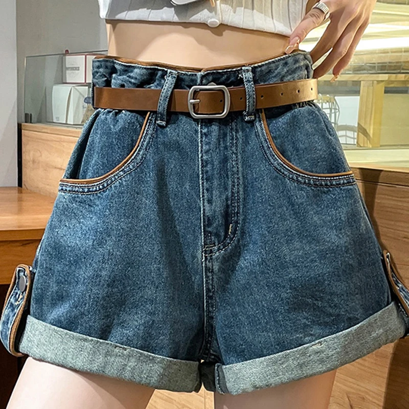 

Summer New Denim Shorts Women Loose Elastic High Waist A-line Hot Pants Casual Contrast Color Ladies Shorts Streetwear