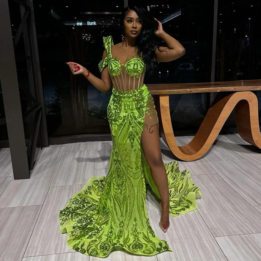 See Through O-neck Bright Green Mermaid Dress Sequins Appliques Woman Clothing With Slit Custom Made Evening Dresses Free Ship