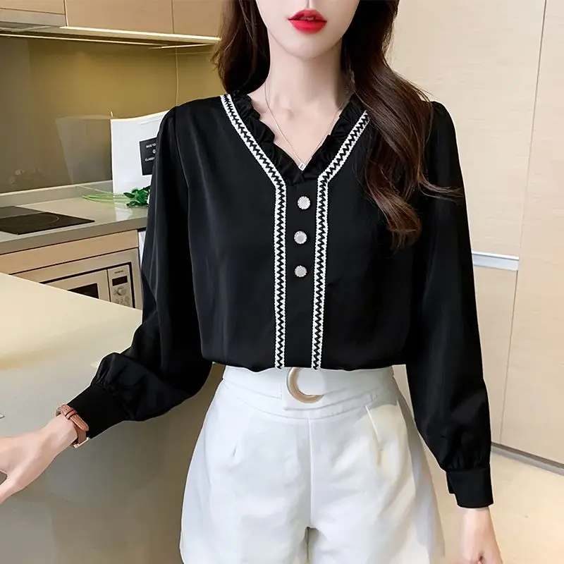 Ruffle Lace Patchwork Elegant Chic Sweet Black White Commute Blouse Top Women 2023 Spring Autumn Fashion Slim Long Sleeve Shirts