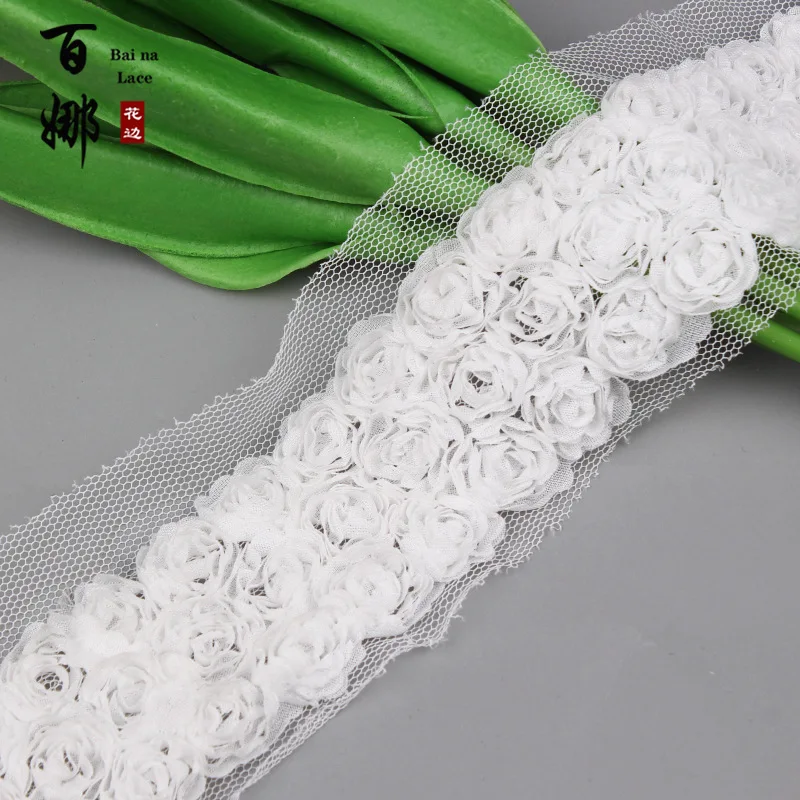 1 Yard 4cm Wide White Ivory Black 3D Handmade Rose Lace Trim Chiffon Flowers  Ribbon Fabric for Wedding Dress  DIY Crafts