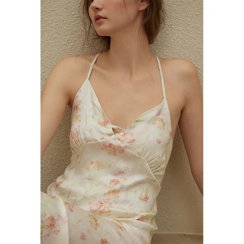 2024 Summer Satin Nightgown Flower Printing Breathable Backless Suspender Dress Viscose Sleeveless Spaghetti Strap Night Wear