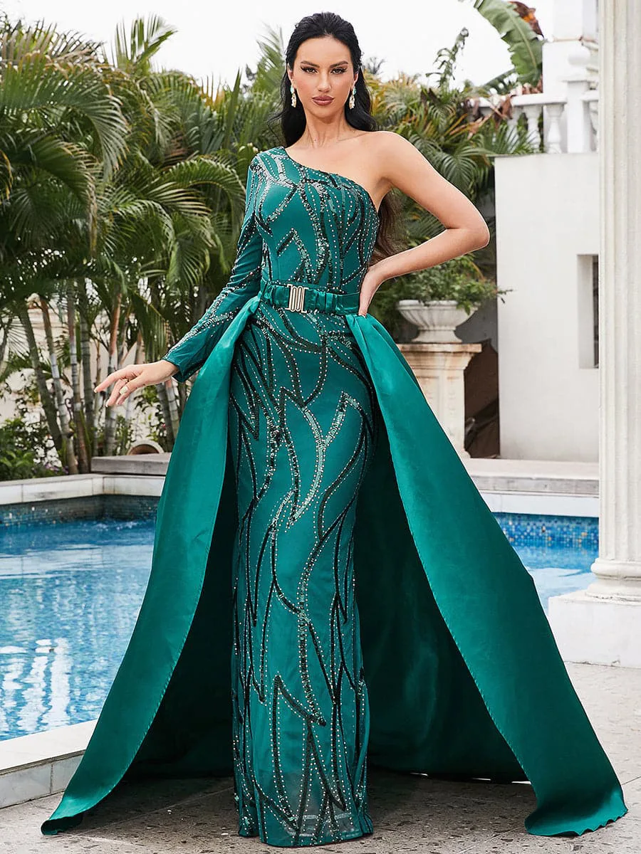 Vestido de lentejuelas de un hombro para mujer, elegante vestido de fiesta de noche, manga larga, espalda abierta, anfitrión, baile de graduación, largo hasta el suelo