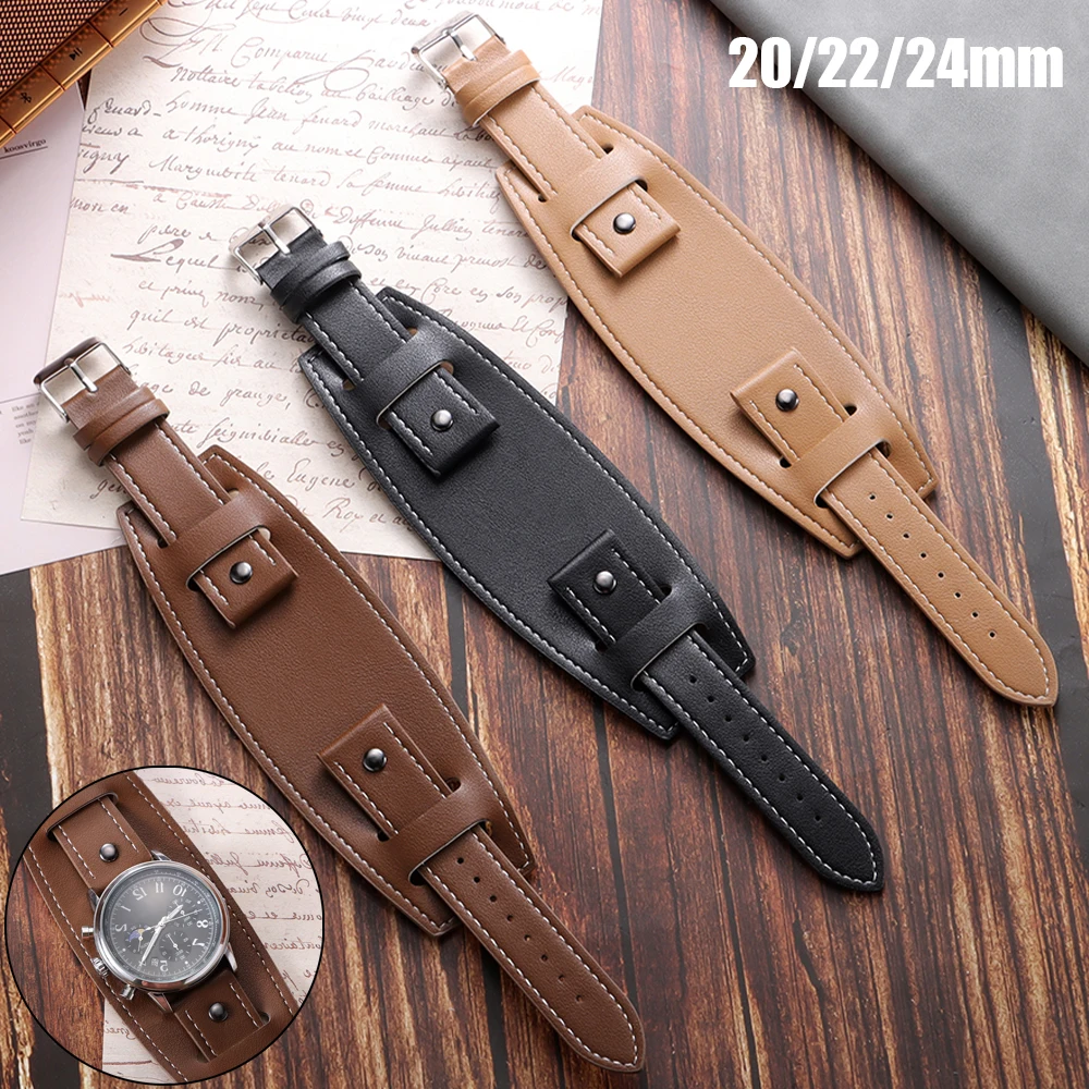Bracelet de montre rétro en cuir PU, 20mm 22mm 24mm, Vintage, marron, noir, avec tapis, plateau de Base, pour femmes et hommes