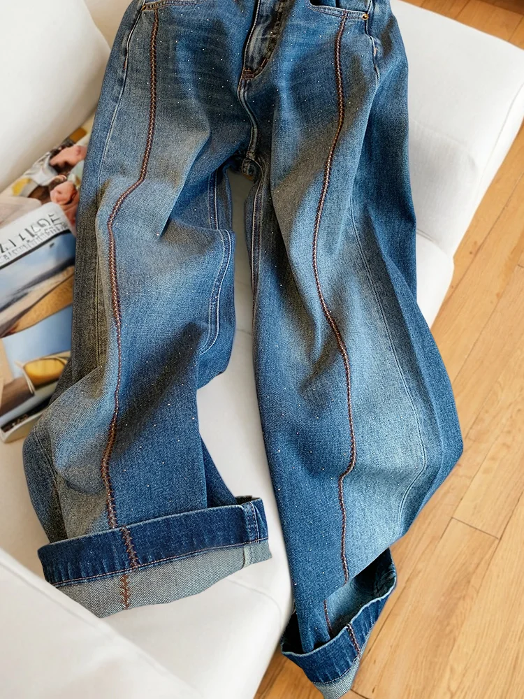 Męskie luźne jeansy w stylu retro American Heavy Du, zdobione dżetami, niebieskie, z wysokim stanem, dopasowane, proste nogawki, casualowe spodnie dżinsowe.