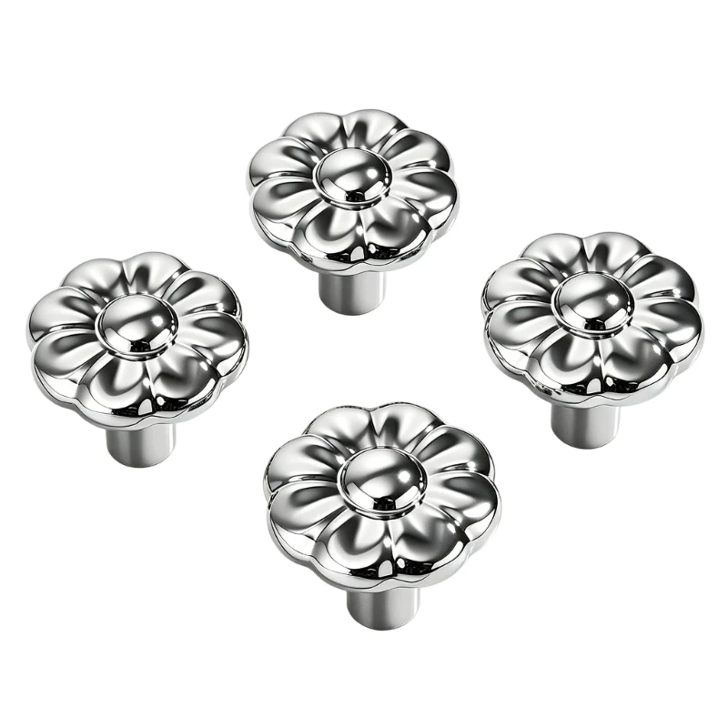 Round Flower Knobs for Furniture, Bright Silver Drawer Handles Set of Four 3XUF