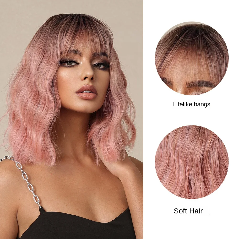 Short Pink Wavy Wig with Bangs,Short Curly Light Pink Hair Wig for Women,Synthetic Natural Looking Cosplay Pastel Pink Bob Wigs