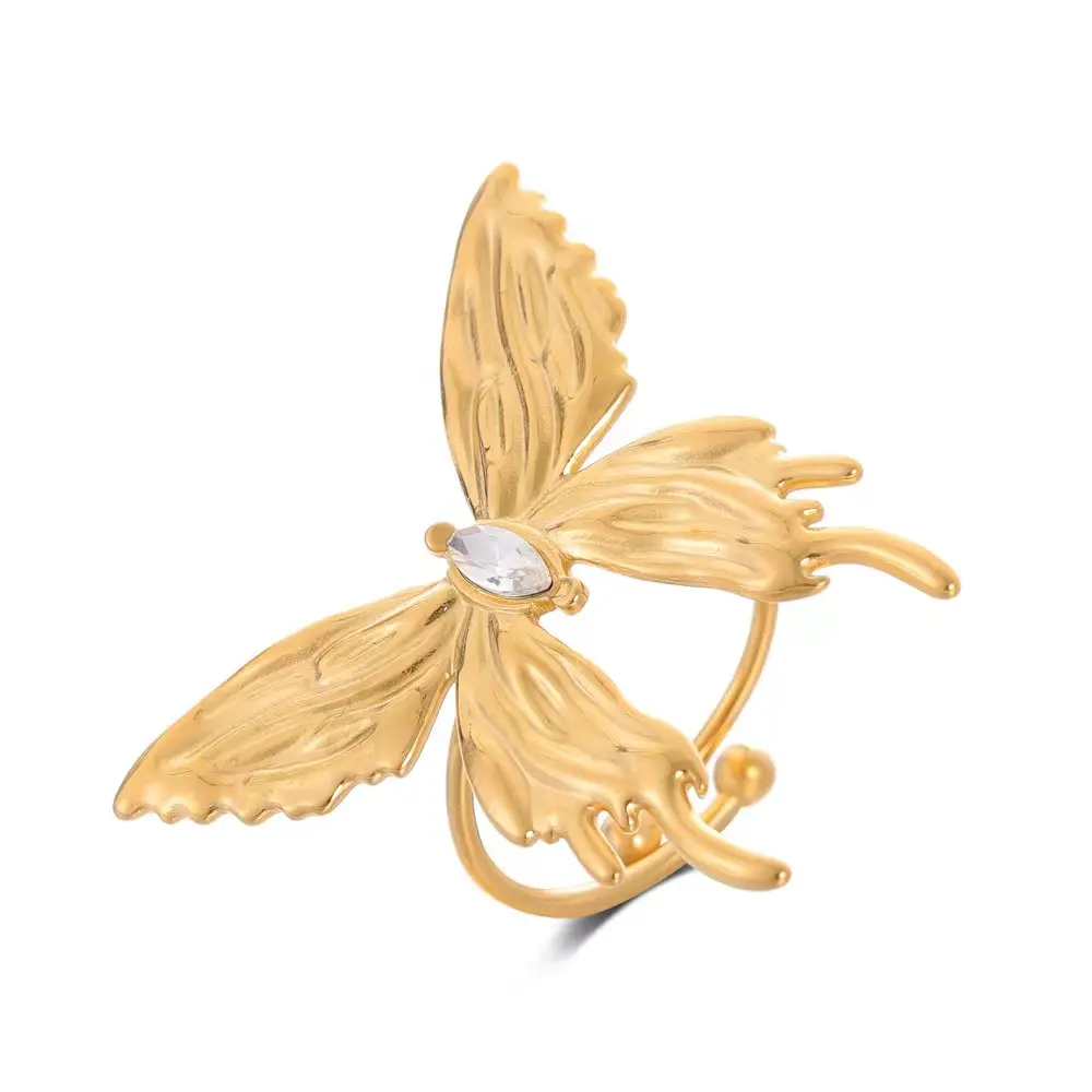 New European and American style luxurious stainless steel butterfly shaped adjustable ring jewelry