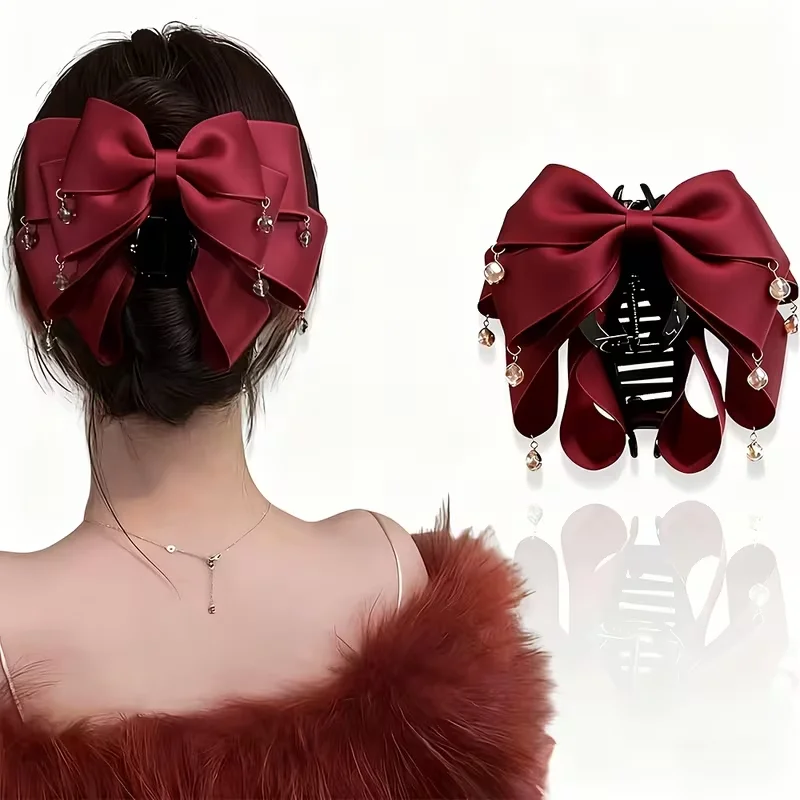 1 Stück künstlicher Kristallanhänger und mehrschichtige Stoffschleife, Acryl-Haarspange, eleganter Quastenanhänger für Damen, Haarspange mit Schleife. – Detail 6