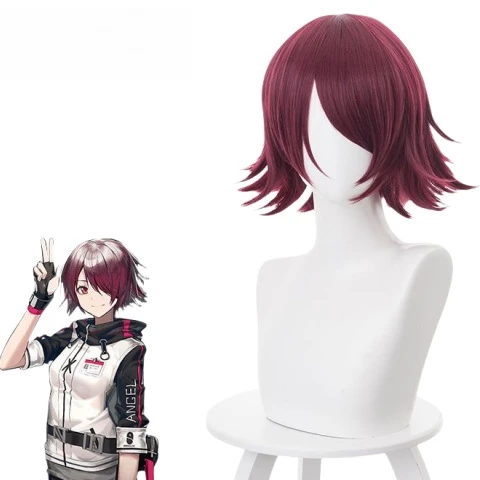 

Парик для косплея Arknights Exusiai - короткий, винно-красный, с подкрученными концами, парик для аниме-косплея, Banzhitao