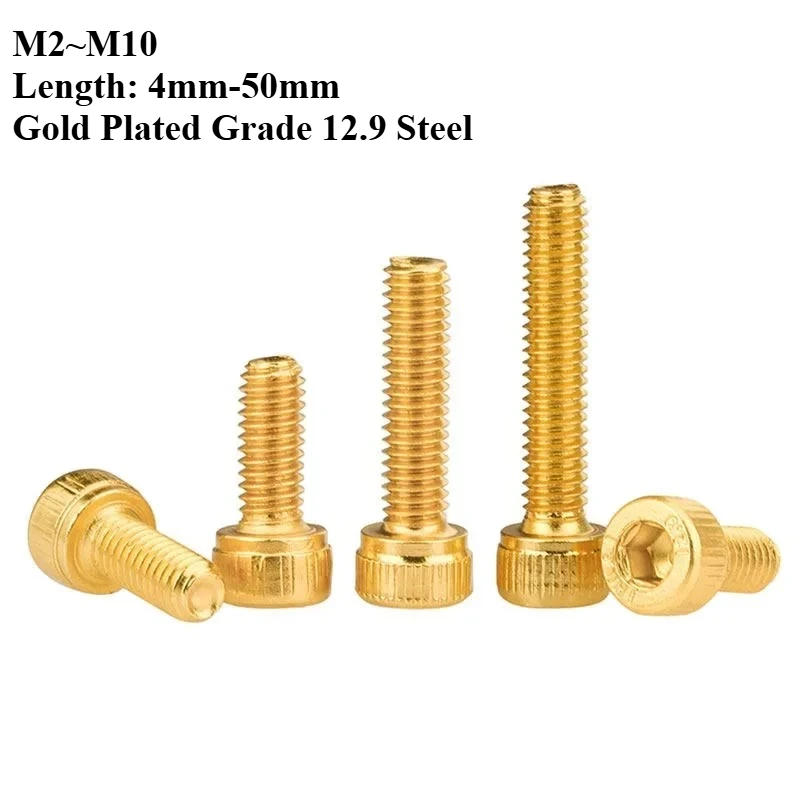 3-20PCS M2 M3 M4 M5 M6 M8 Gold Plated Grade 12.9 Steel Hex Socket Head Cap Screws High Tensile Bolts Length 4mm-50mm Plated
