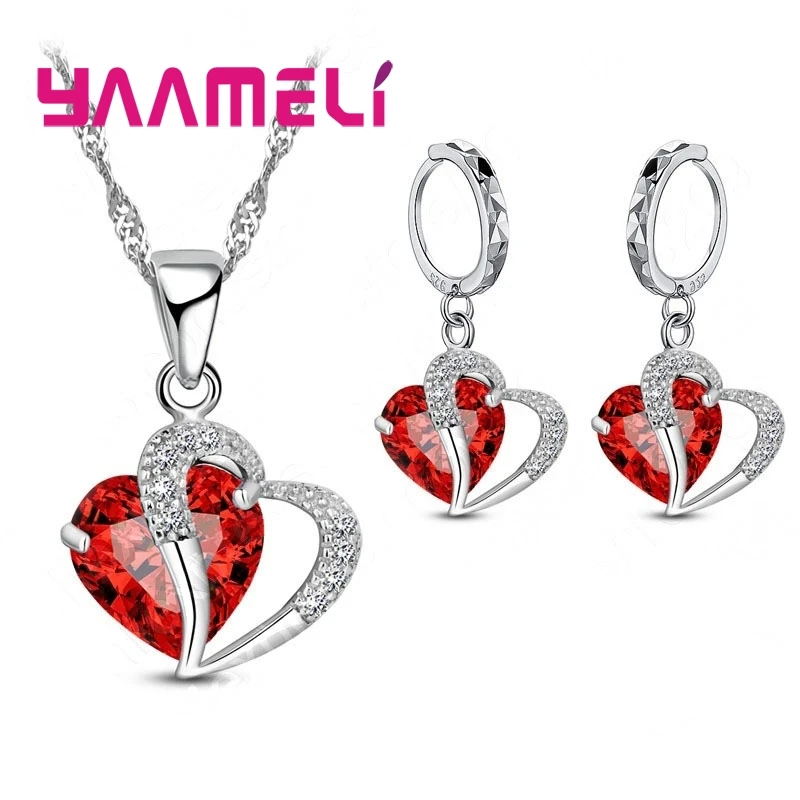 Gift Jewelry Set for Women 925 Sterling Silver Color Cubic Zircon Inlay Heart Pendant Necklace Earrings Wedding Accessory