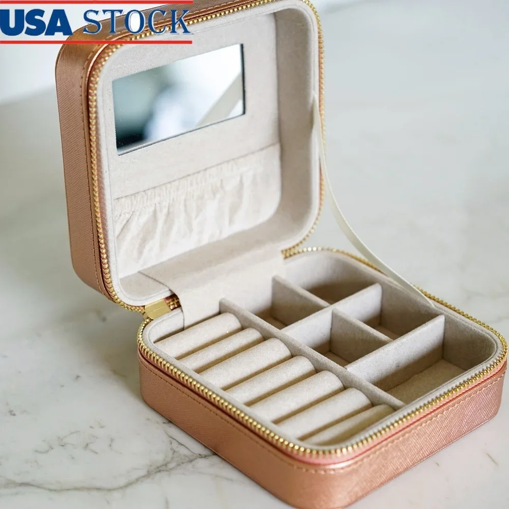 

Women's Travel Jewelry Case Faux Leather Compact Organizer with Mirror Ring Holders Divided Compartments and Storage Pouch