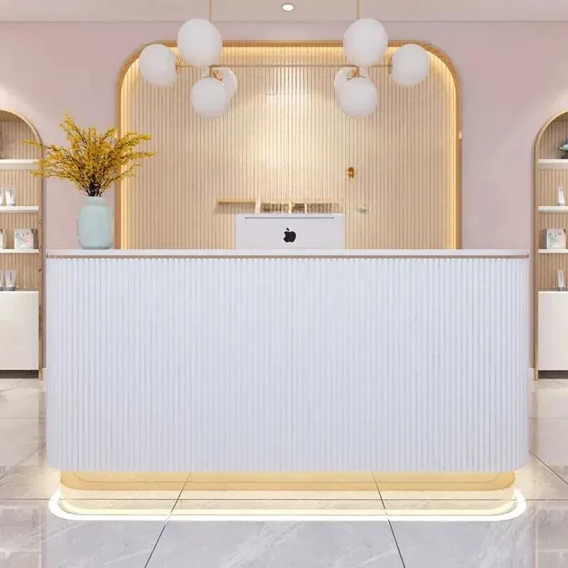 

Light Pink Office Reception Desk Modern Gold Stainless Steel Recepcion Logo Reception Counter Cosmetics Customized Front Desk