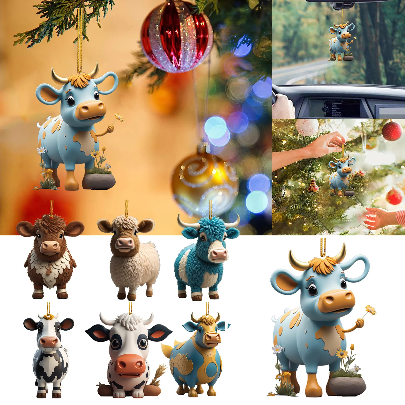 

Christmas 2023 Acrylic Cow Shape Party Decor New Year Christmas Tree Navidad Noel Hanging Pendant Creative Gift Ornament Toys