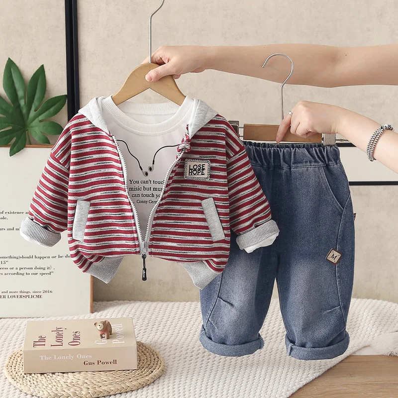 Korean Kids Clothing 2026 Spring Autumn Baby Boy Clothes 0-5 Years Striped Hooded Jackets Tops and Pants Children's Suit for Boy
