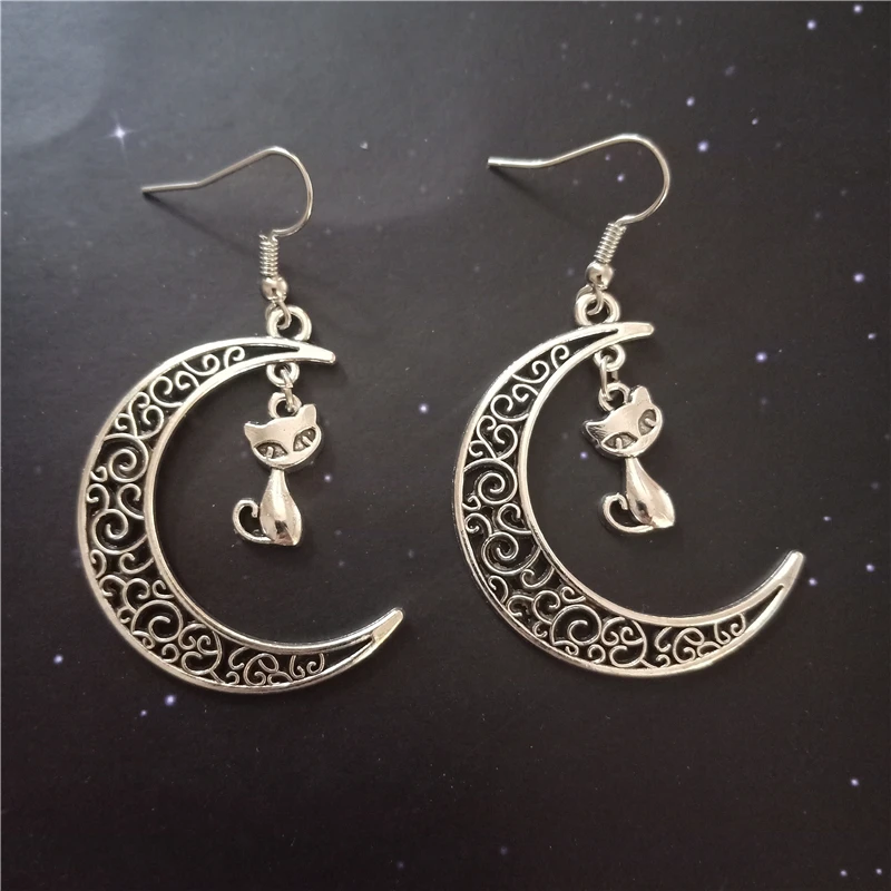 Antique Silver Color Crescent Moon Earrings Cute Cat Earrings Handmade Statement Earrings Women Earrings Boho Big Earrings