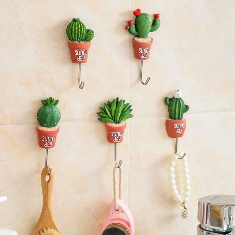 Resin Cactus Shape Wall Hook Self-Adhesive Home Decor Storage Hanger Organizer Key Rack Bathroom Kitchen Towel Hanger Hooks