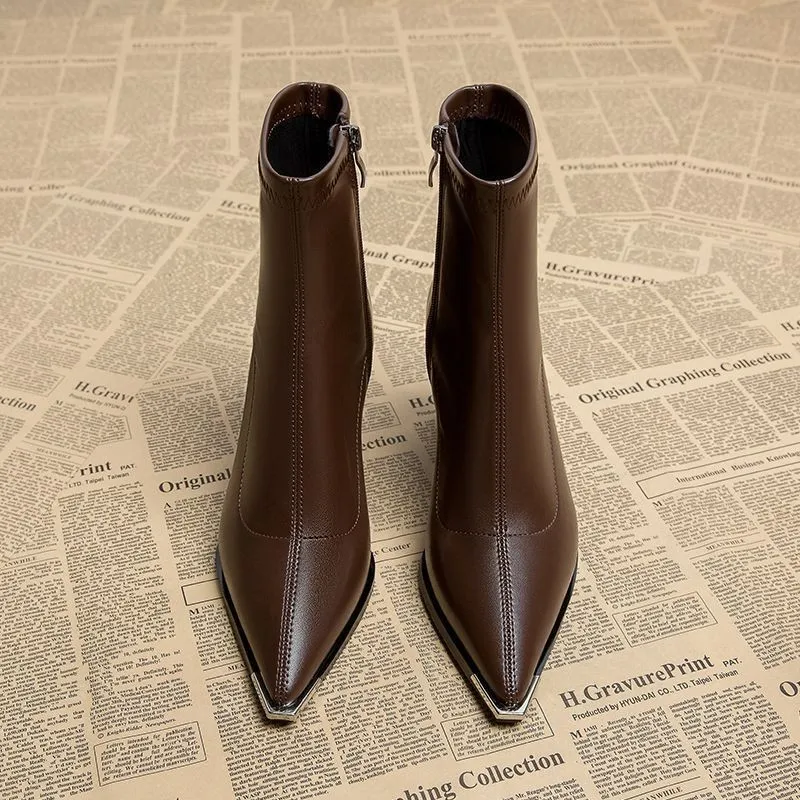 Damen Stiefeletten Blockabsatz High Heel Metallspitze Spitzer Zehenbereich Kurze Stiefel Reißverschluss PU Leder Herbst Winter Elegante Abendschuhe Büro Halbstiefel Bequem – Detail 4