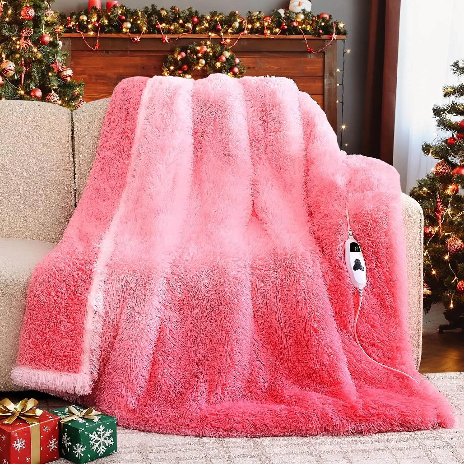 

Pink Faux Fur Heated Throw Blanket with 10 Heat Settings, 5 Timers, Washable, 50x60 Inches