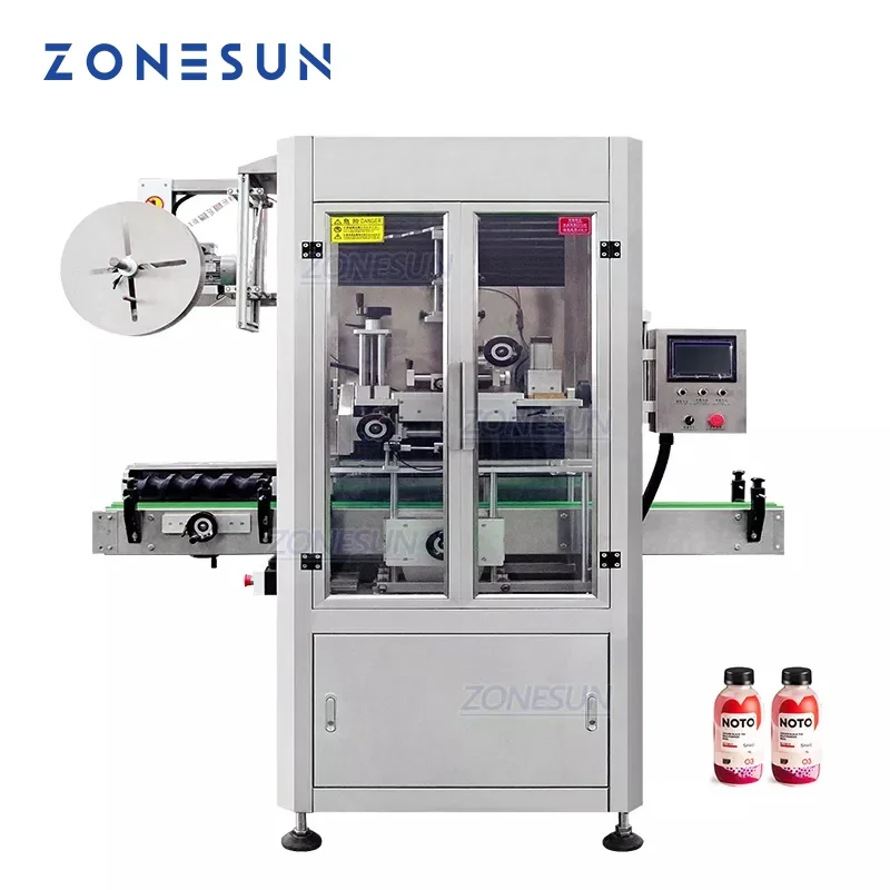 ZONESUN ZS-STB150 التلقائي البلاستيك زجاجة كم آلة وسم خط الحيوانات الأليفة PVC فيلم يتقلص آلة وسم Pcking آلة