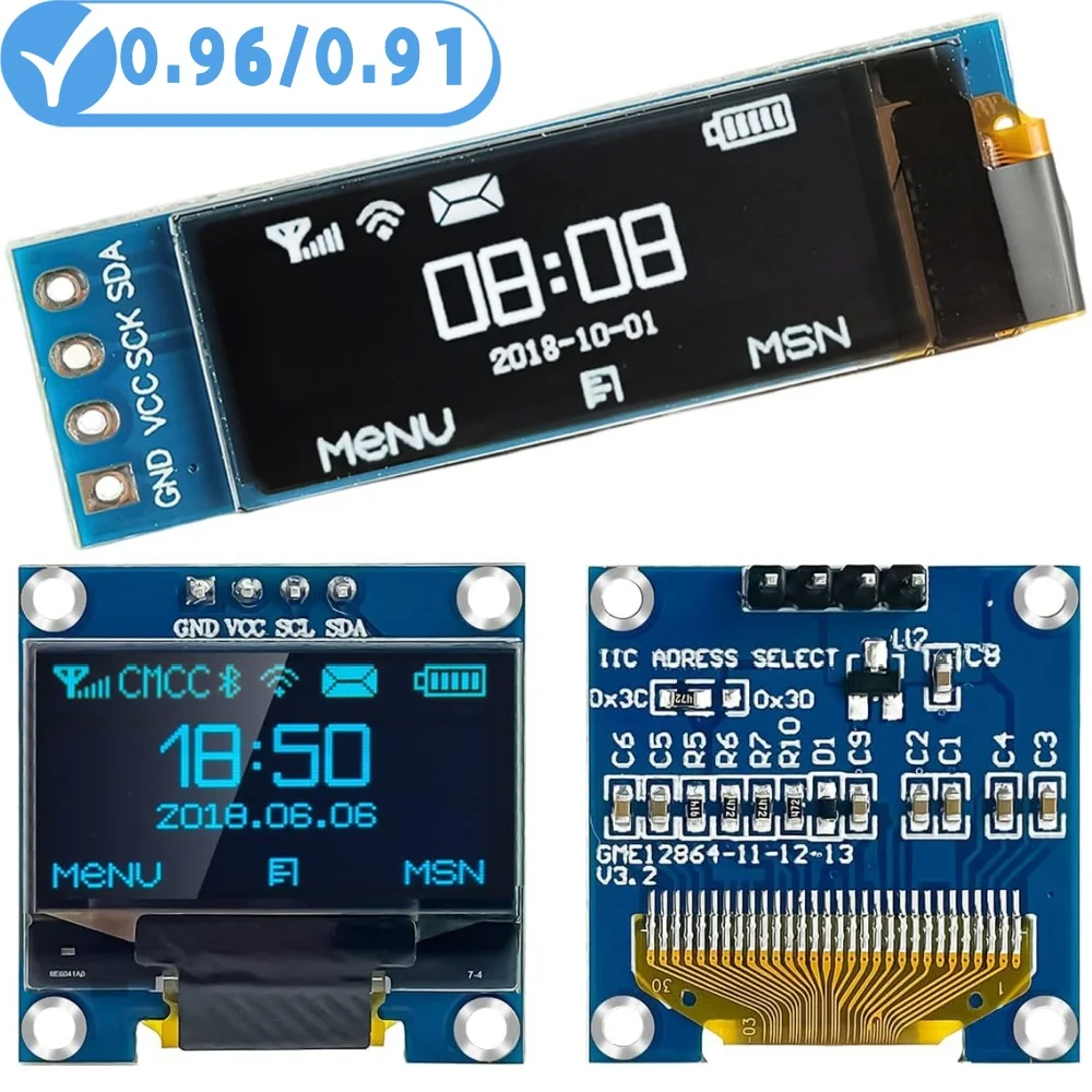 0.91inch 0.96 inch oled IIC Serial White OLED Display Module 128X64 I2C SSD1306 12864 LCD Screen Board For Arduino