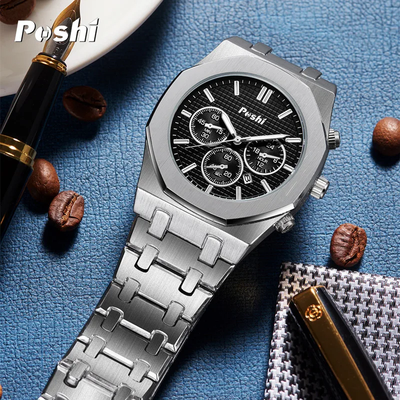 POSHI 915 Luxury Elegant Quartz Watch Stainless Steel Business Men\'s Wristwatch with Date Original Watches for Man