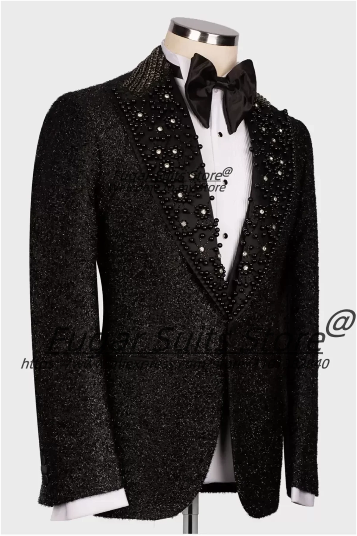 Luxuly Black Shiny Bead embroidery Men Suits Slim Fit Peak Lapel Groom Wedding Tuxedos2Pcs Sets Elegant Male Blazers Ropa Hombre