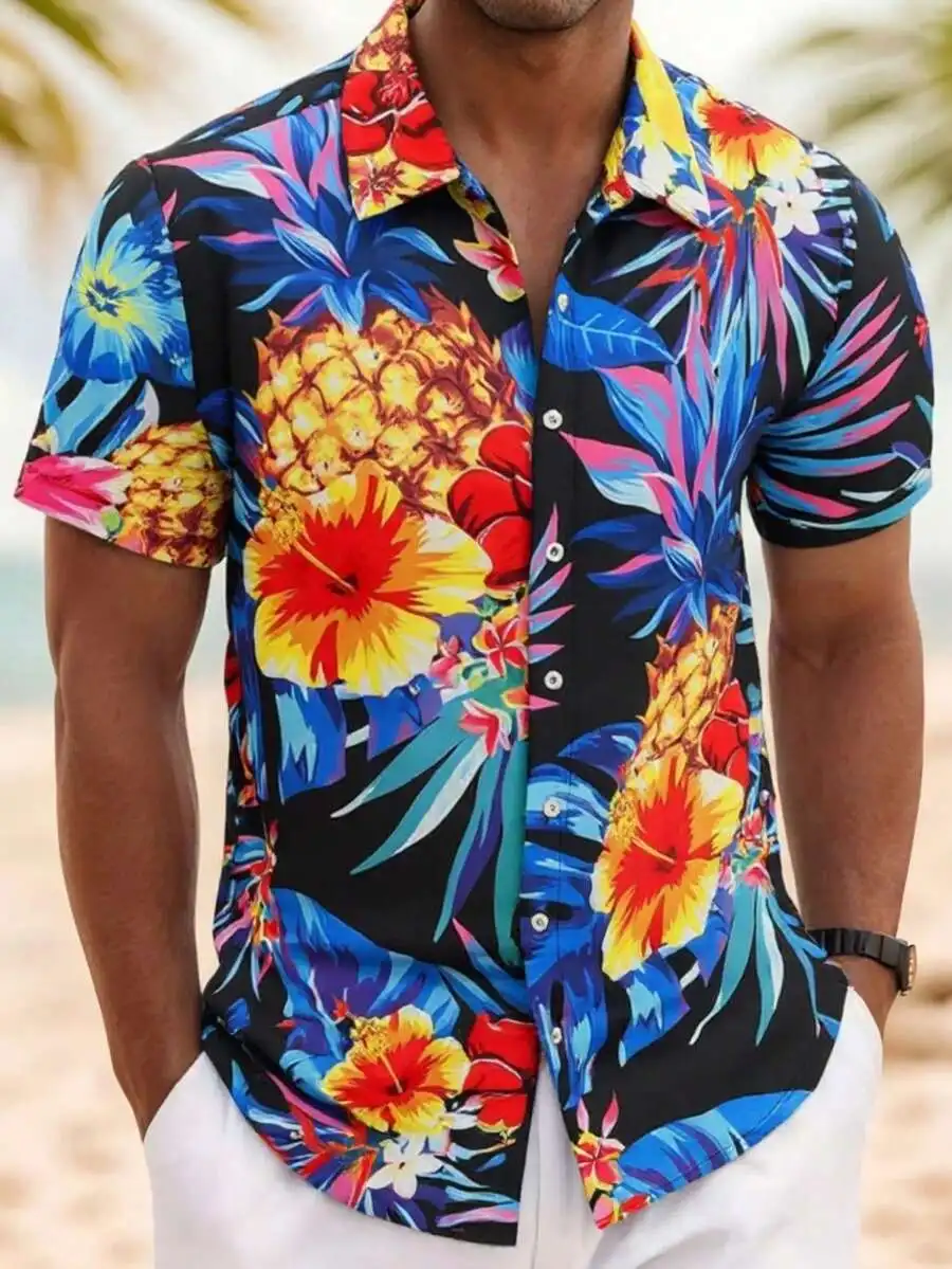 

Mens Hawaiian Shirt Tropical Pineapple Floral Print Casual Short Sleeve Beach Shirt
