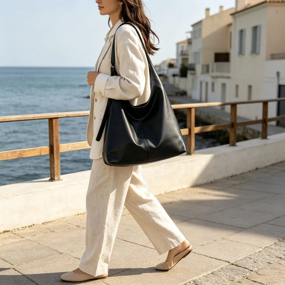 1 Pack Black Vintage Commuter Tote Bag for Women, Large Capacity Elegant Shoulder Hobo Handbag, Minimalist Daily Work Purse