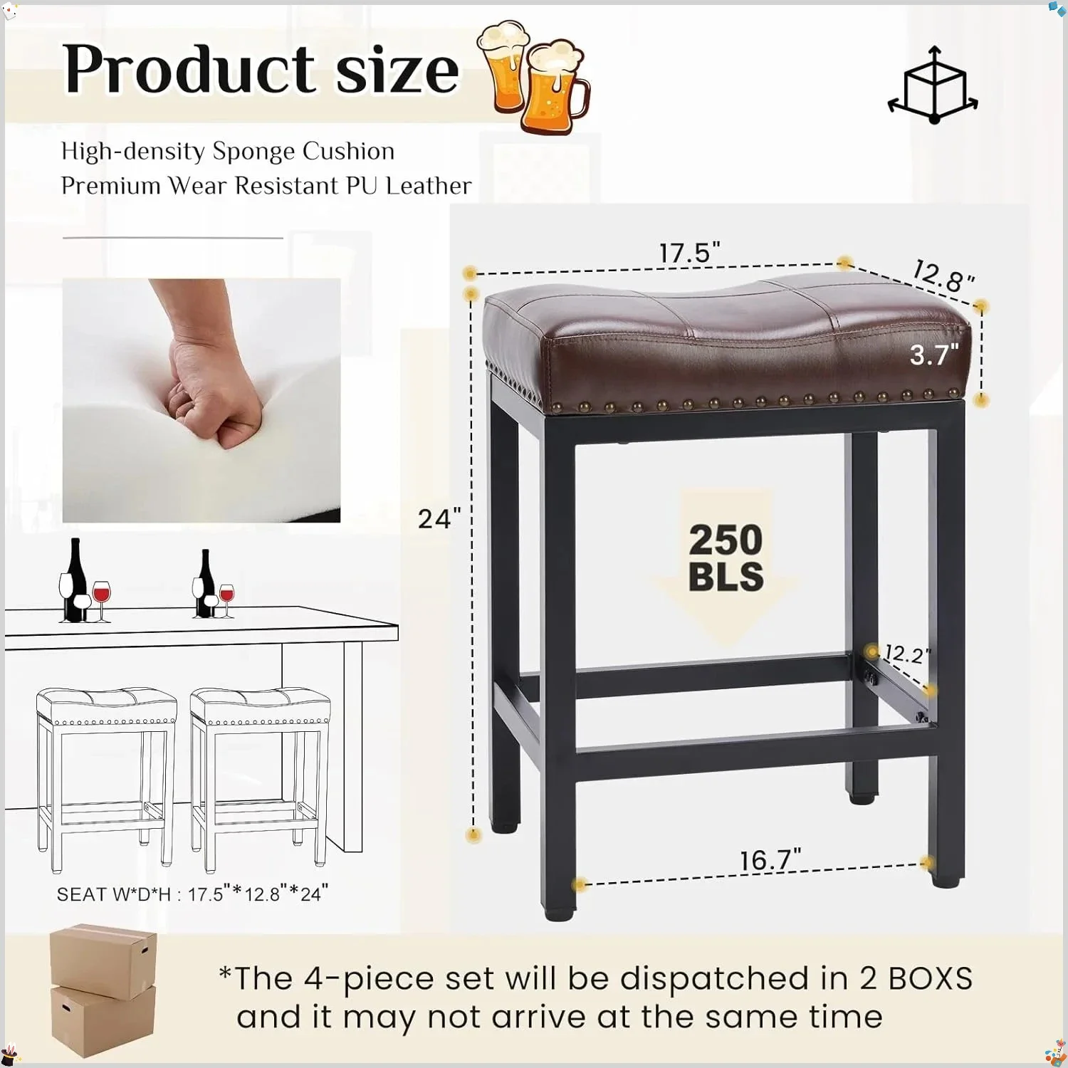 Juego de 2 taburetes de bar, taburetes de mostrador de cuero PU de 24 pulgadas con reposapiés, sillas de bar de cocina modernas para comedor, decoración del hogar