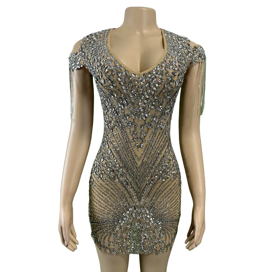 

Sparkly Full Rhinestone Rose Red Velvet Dress For Women Shining Drill Chain Birthday Queen Stage Performance Drag Queen Costume