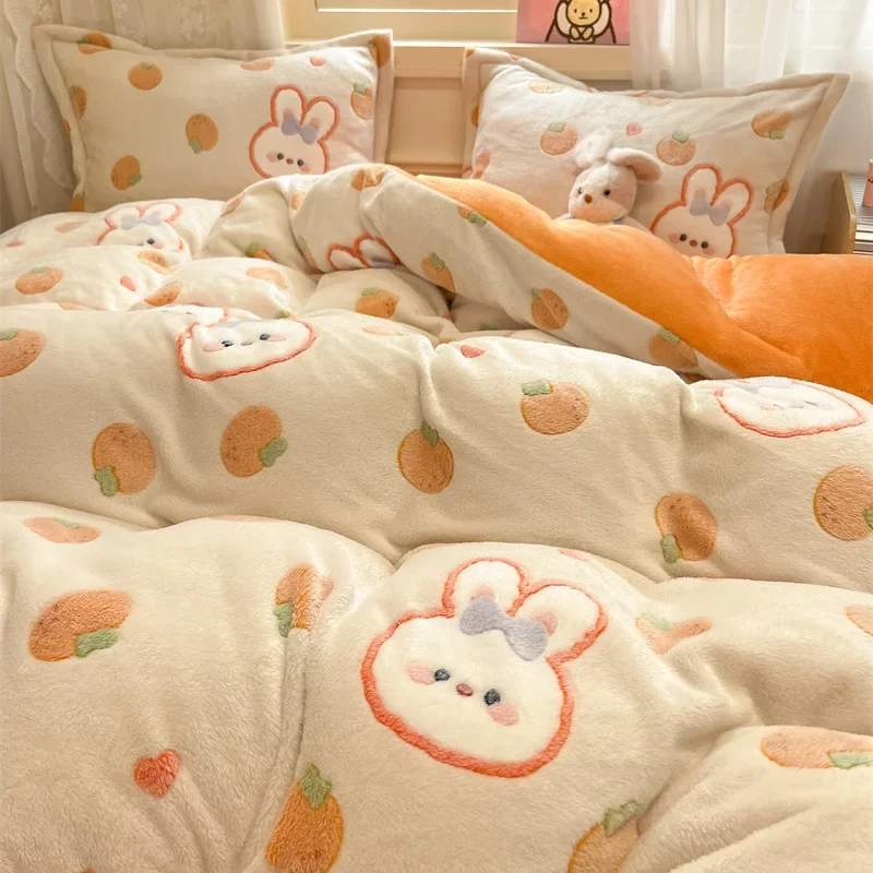 Winter Warmth Milk Velvet Four Piece Bedding Set Single Double Cartoon Quilt Cover Comforter Bed Sheet Pillowcases Bedroom Decor