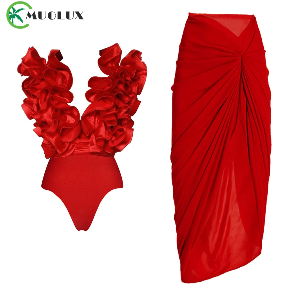 

MUOLUX 2024 Red Sexy 3D Flower One Piece Shoulder Swimsuit Dress Vintage Print Women Swimwear Beach Skirt Monokini Bathing Suit