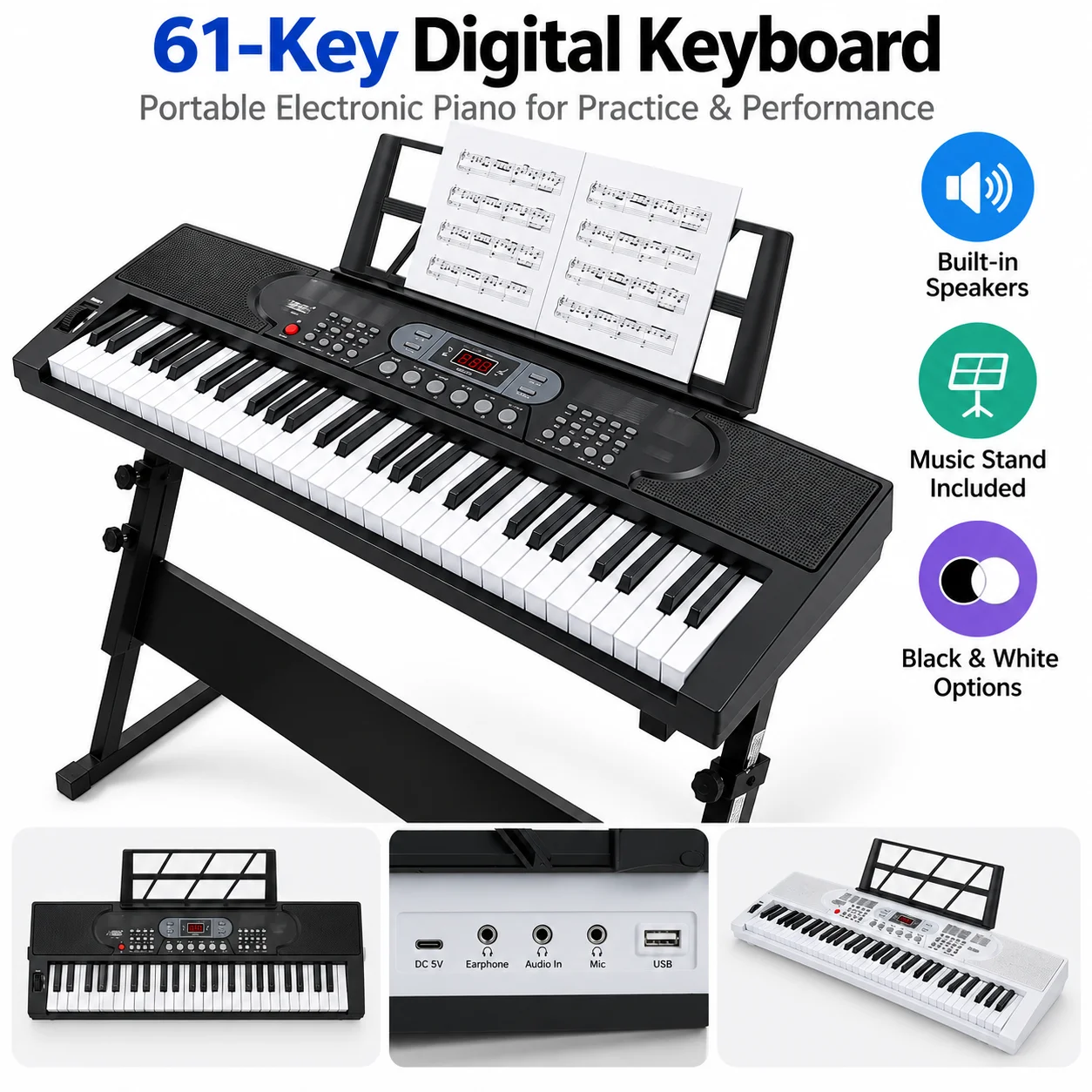 61 Key Portable Digital Electronic Piano Keyboard MIDI Music Organ with Music Stand for Beginners