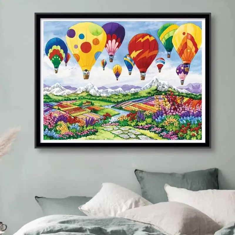 

Handmade cross stitch finished hot air balloon flower sea countryside scenery small entrance bedroom new small landscape hanging