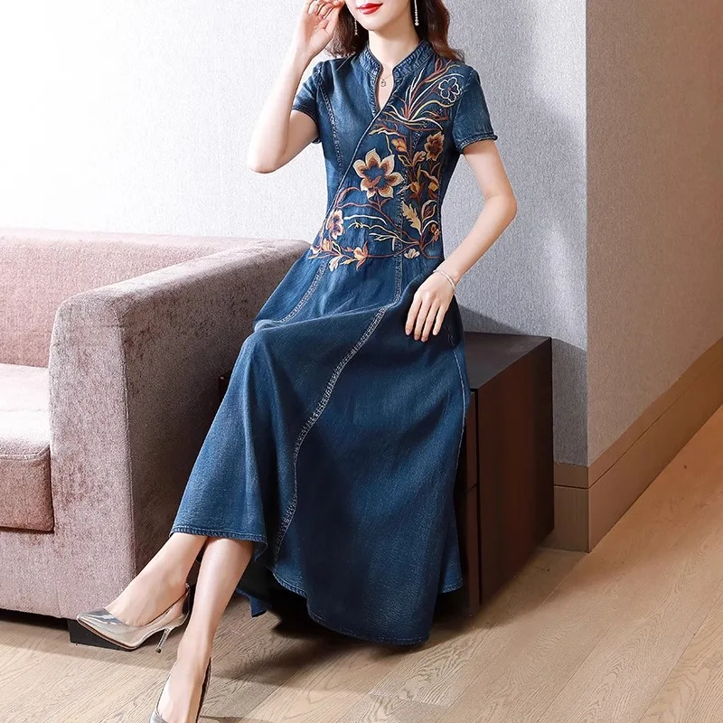 Design bordado retrô verão 2024 feminino V-Ne ort Sve Denim Dr Midi Saia Ele Lady Sle estampa floral Polyes...