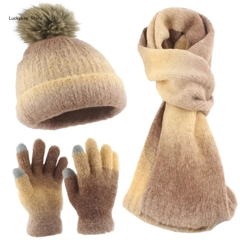 Multiuse Knitted Accessory Set Gradients Hat Gloves Scarf Set for Outdoor Sport