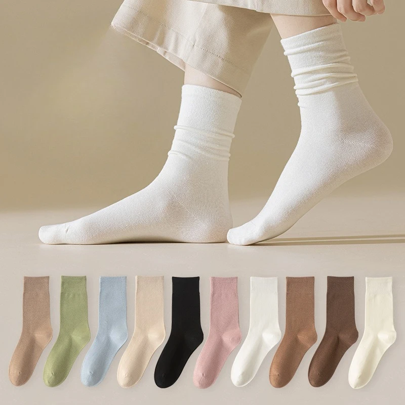 

10 pairs Women's casual comfort mid tube socks fashion versatile solid color women's socks autumn winter retro simple pile socks