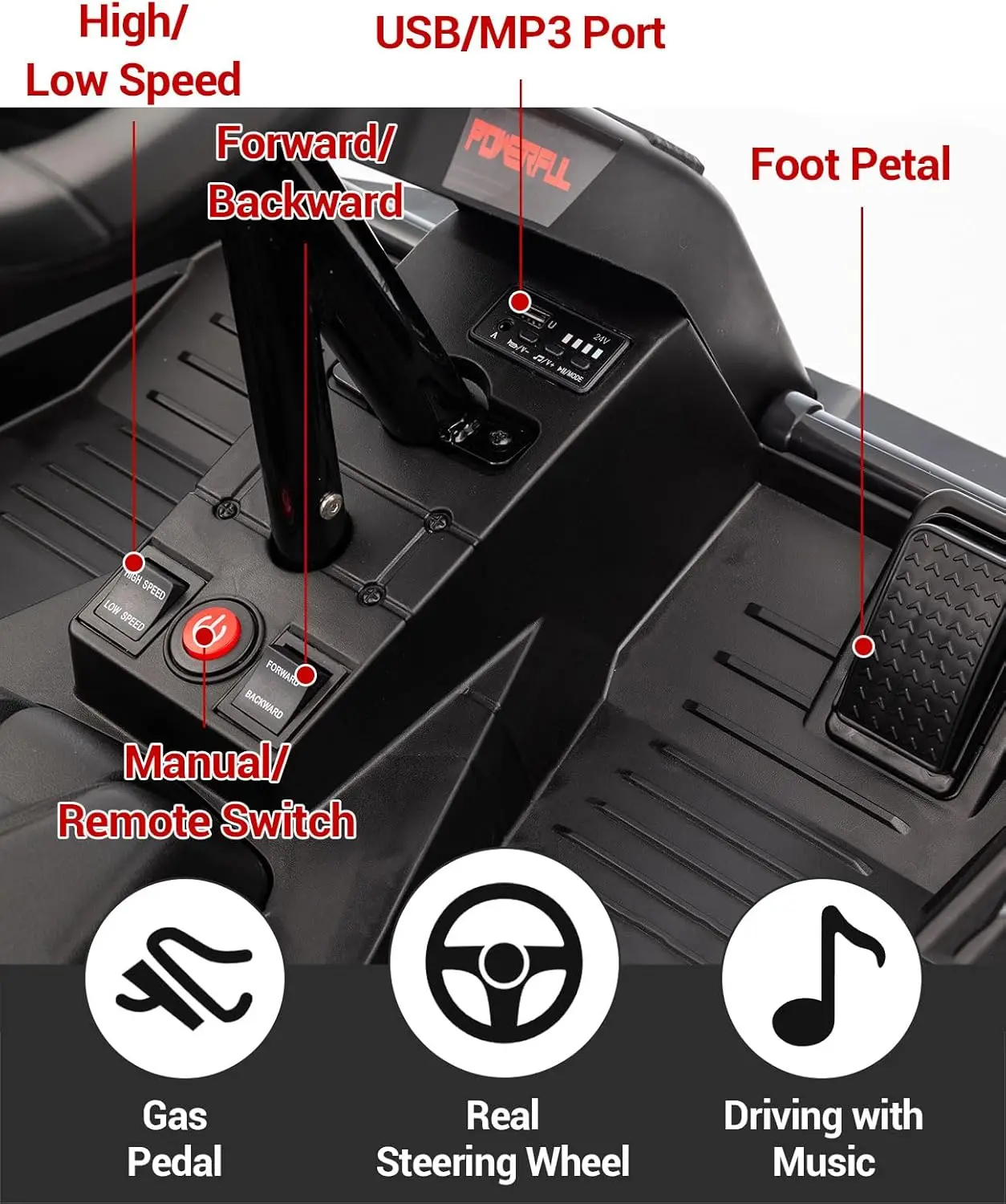 سيارة كهربائية للأطفال 24 فولت مع تحكم في الوالدين 200 وات 4 × 4 لعبة ركوب قابلة للتعديل 4 موسيقى ممتصة للصدمات، 4 عجلات ATV للأعمار من 3 سنوات فما فوق #3