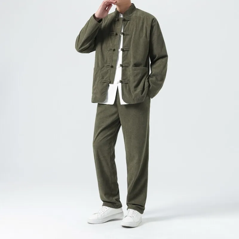 Men Corduroy Sets Men Tang Suit Jackets +Pants Male Kung Fu Traditional Chinese Top & Bottom Sets Men Tai Chi Hanfu Tracksuit