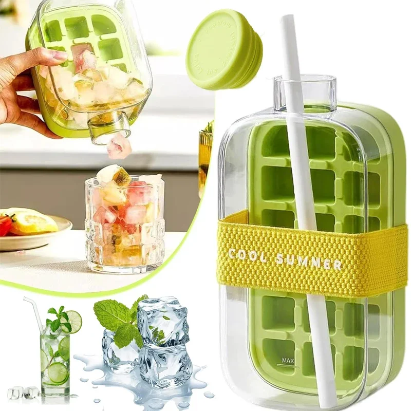 

Silicone Freezer Ice Cube Trays Outdoor Ice Water Bottle with Lid Straw Easy Demould Ice Maker Mold for Beer Whiskey Juice Mold