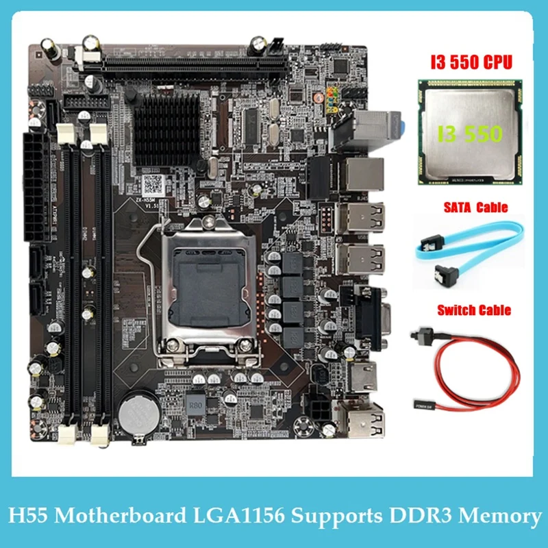 

H55 Motherboard LGA1156 Supports I3 530 I5 760 Series CPU DDR3 Memory Motherboard Accessories I3 550 CPU+SATA Cable+Switch Cable