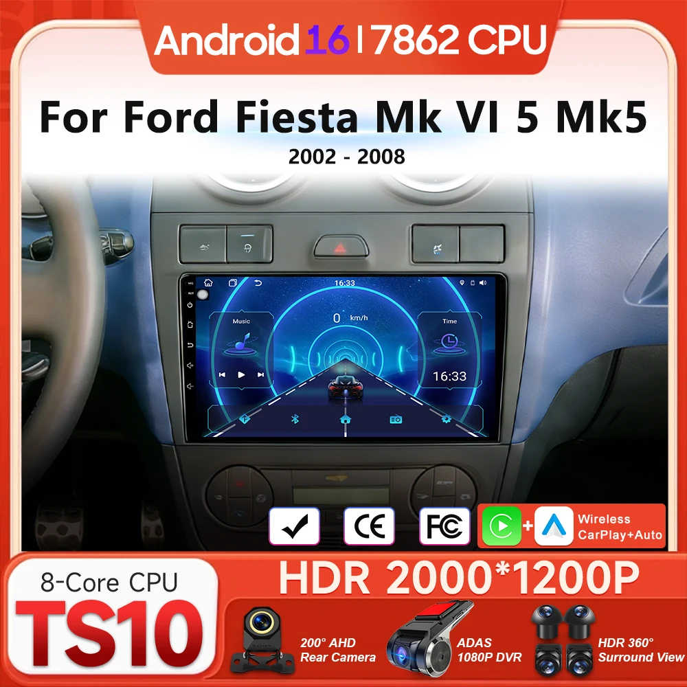 

Мультимедийный проигрыватель для автомобиля Android 16 для Ford Fiesta Mk VI 5 Mk5 2002-2008, беспроводной Carplay, автомагнитола, видео, навигация, GPS, 2din
