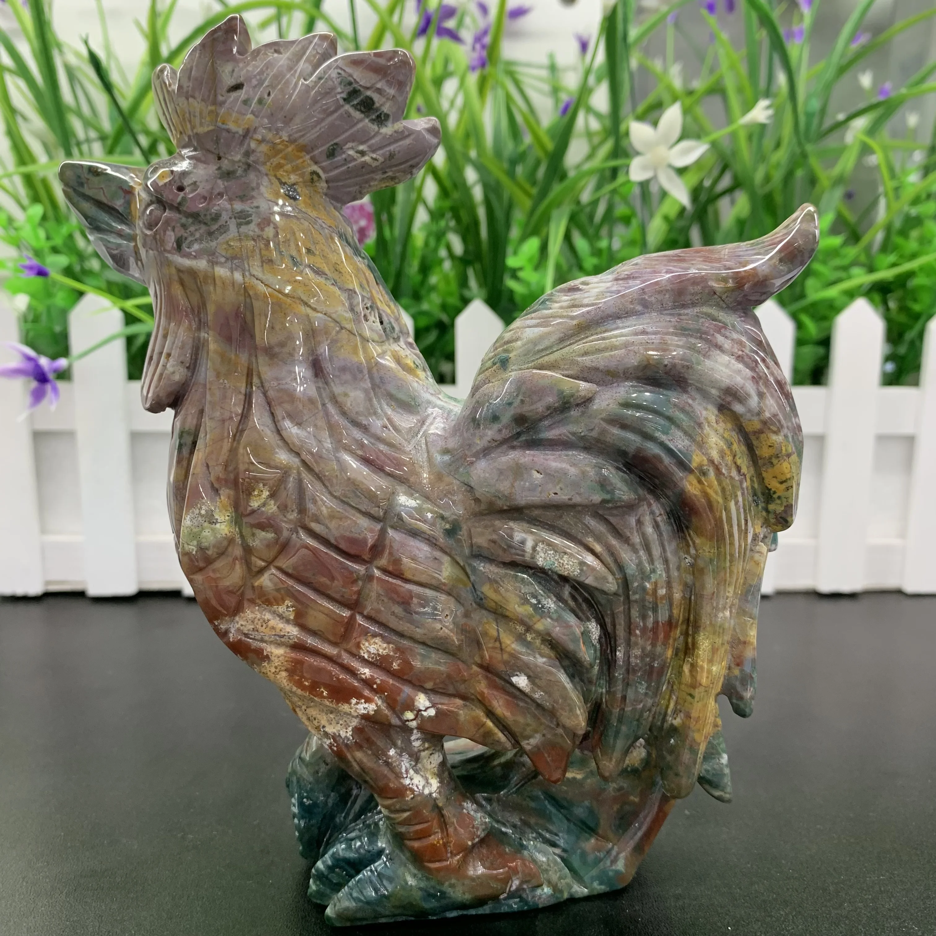 Rooster Crystal Figurine Natural Ocean Jasper Carved Cock Stone statue Decor Gift