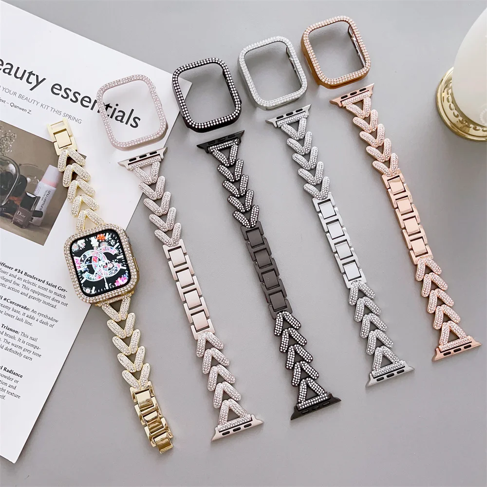 Crystals and Cowboy Metal Chains Compatible for Apple Watch Bracelet Bands with Bling Protective Case 41mm 42mm 44mm 45mm 49mm