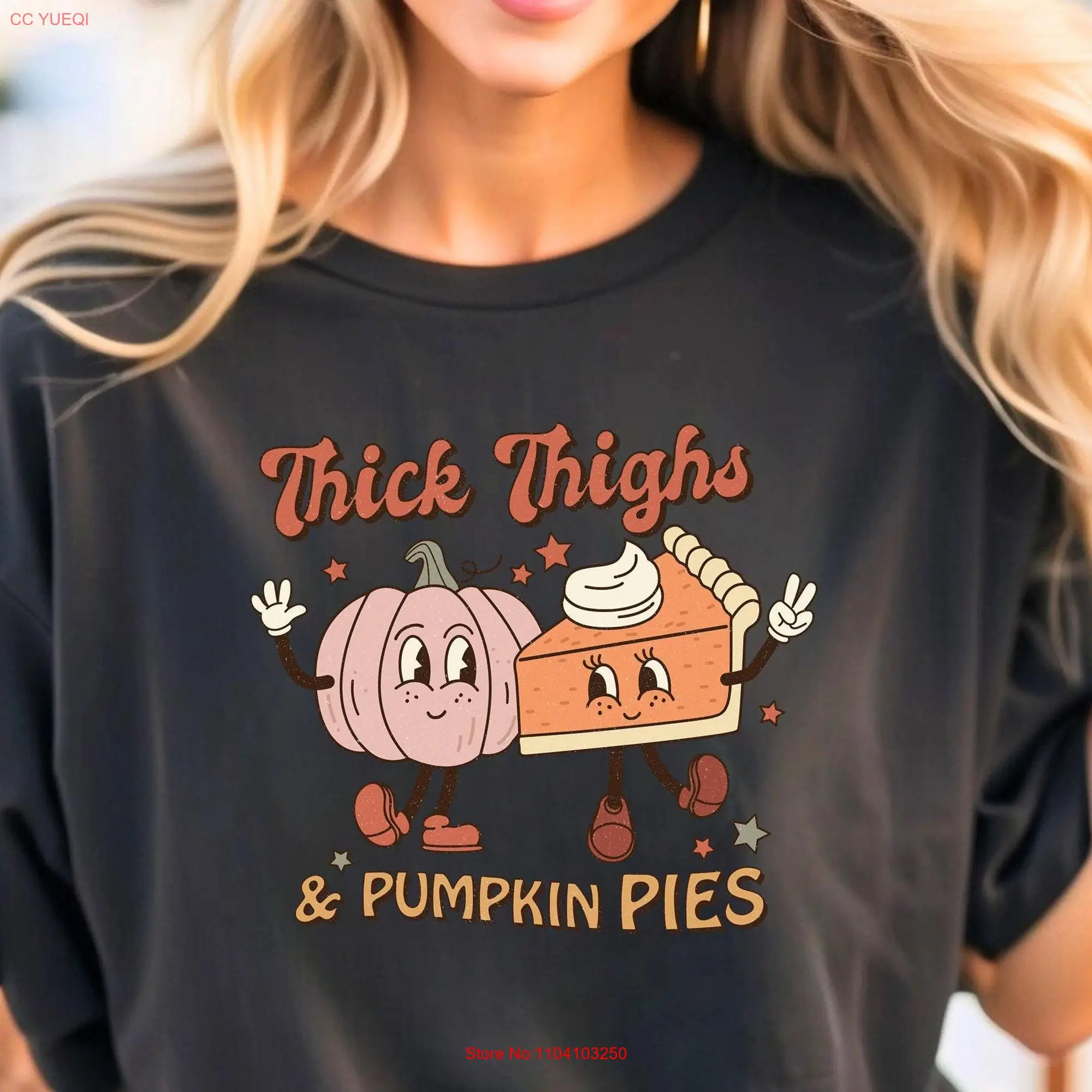 Retro Thanksgiving T Shirt Thick Thighs Pumpkin Pies Dinner Women Pie Fall long or short sleeves