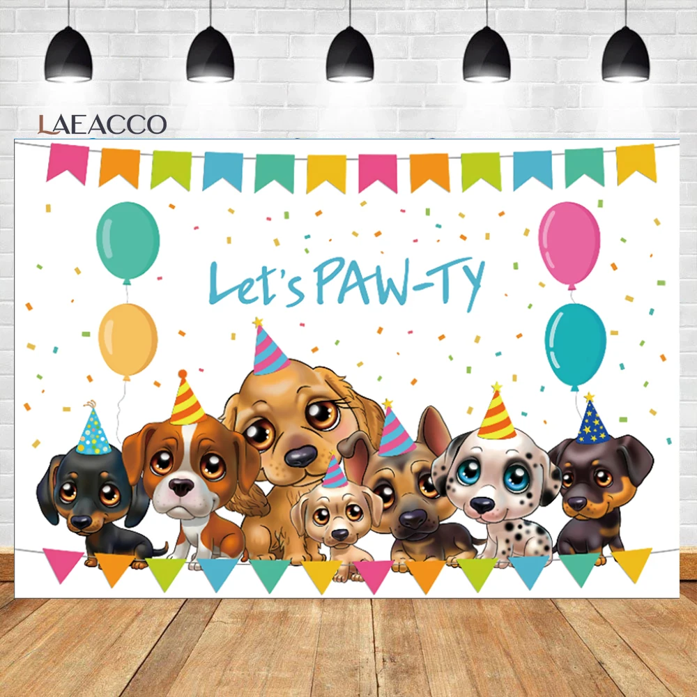 Laeacco Baby Birthday Party Background Cartoon Watercolor Cute Dogs Celebrate Child Portrait Customized Photographic Backdrops