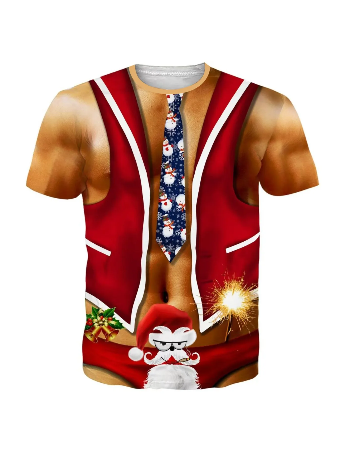 

Men's Christmas T-shirt - Red and Santa Claus Pattern T-shirt 3D Digital Printing Holiday Party Round Neck Shirt, Casual Wear